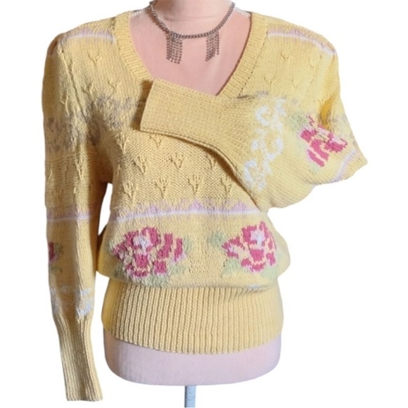 VTG 70s Yellow Pink Floral Cable Knit Vneck Sweater Large *Fits like Small - Picture 9 of 16